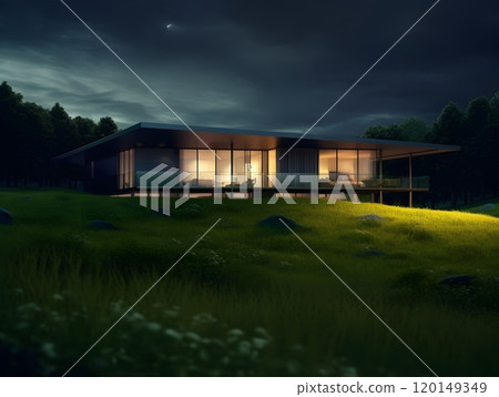 Modern glass house at night with glowing warm interiors in serene forest setting 120149349
