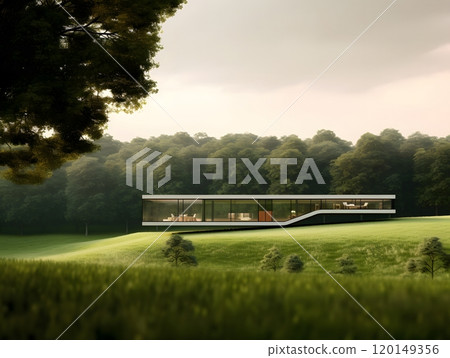Modern glass house in serene forest landscape with minimalist design 120149356