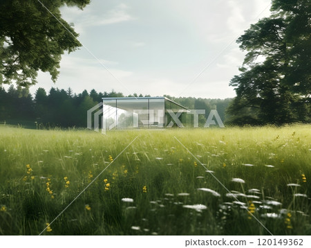 Modern glass house in tranquil meadow surrounded by lush greenery and blue sky 120149362
