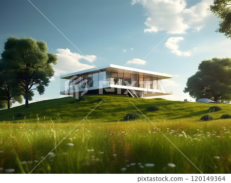 Modern glass house on lush green hill under blue sky with white clouds 120149364