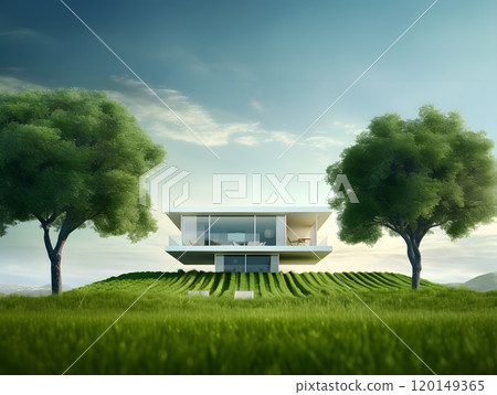 Modern glass house on serene green hill amidst lush landscape 120149365