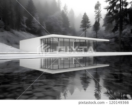 Modern glass house reflection in serene forest landscape with foggy atmosphere 120149366