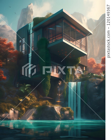 Modern glass house surrounded by lush nature and waterfall in tranquil mountain landscape 120149367