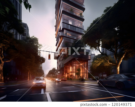 Modern high-rise at dusk with city traffic and warm lighting Modern high-rise at dusk with city traffic and warm lighting 120149371