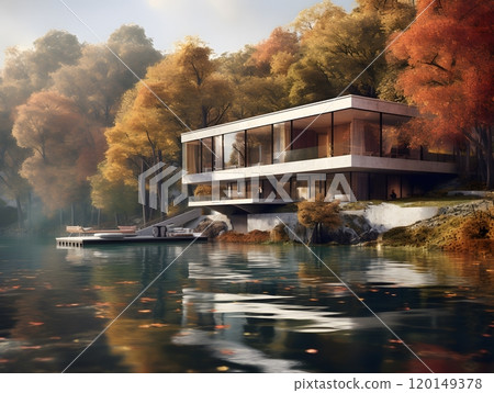 Modern lakeside house in autumn forest with glass facade and scenic reflection 120149378