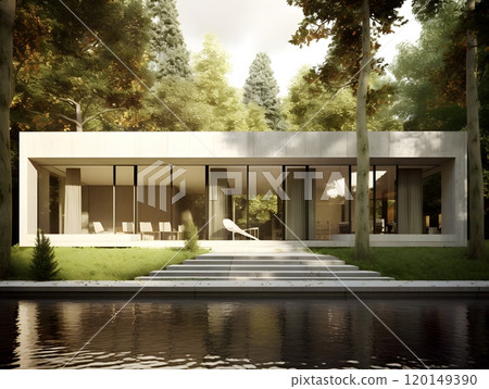 Modern minimalist glass house by scenic lake in forest setting for contemporary living 120149390
