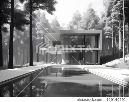Modern minimalist glass house in forest with reflective pool 120149391