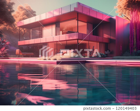 Modern pink house with glass facade by pool at sunset 120149403