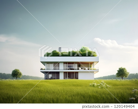Modern sustainable home with green roof in lush countryside setting 120149404
