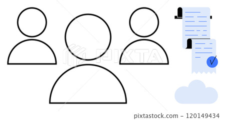 Three outlined human figures next to documents with a check mark and a cloud. Ideal for teamwork, collaboration, document sharing, cloud storage, and productivity. Simple modern style Three outlined human figures next to documents with a check mark and a cloud. Ideal for teamwork, collaboration, document sharing, cloud storage, and productivity. Simple modern style 120149434