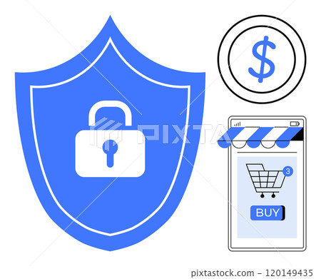 A blue shield with a lock represents security. Nearby is a currency symbol, and a mobile screen with a shopping cart indicating online purchasing. Ideal for online security, e-commerce, digital A blue shield with a lock represents security. Nearby is a currency symbol, and a mobile screen with a shopping cart indicating online purchasing. Ideal for online security, e-commerce, digital 120149435