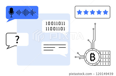 Chat bubbles with text and binary code, voice recognition symbol, cryptocurrency icon, and star rating. Ideal for technology, communication, cryptocurrency, reviews, and AI. Flat vector style with Chat bubbles with text and binary code, voice recognition symbol, cryptocurrency icon, and star rating. Ideal for technology, communication, cryptocurrency, reviews, and AI. Flat vector style with 120149439
