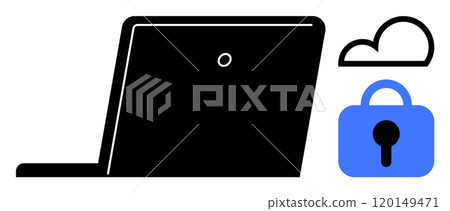 A laptop silhouette beside a cloud symbol and a blue padlock icon. Ideal for themes of cloud computing, online security, data protection, cybersecurity, and technology solutions. Simple, modern A laptop silhouette beside a cloud symbol and a blue padlock icon. Ideal for themes of cloud computing, online security, data protection, cybersecurity, and technology solutions. Simple, modern 120149471