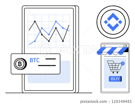 Mobile phone displaying a cryptocurrency price chart, Bitcoin symbol with BTC label, and online shopping cart icon under a store awning. Ideal for finance, digital currency, e-commerce, mobile apps 120149481