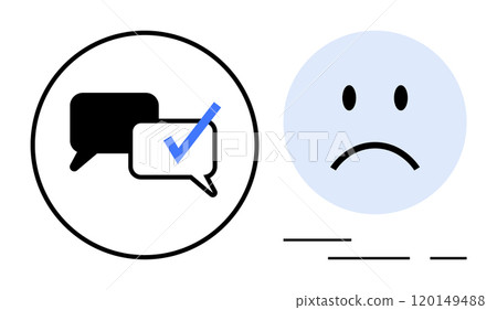 Two speech bubbles with a check mark inside a circle and contrasting sad face. Ideal for communication themes, feedback, online reviews, customer service, and emotional responses. Simple modern style 120149488