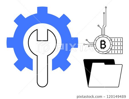 Large wrench inside blue gear, bitcoin symbol with circuit lines, and open folder. Ideal for technology, finance, software maintenance, cryptocurrency, and data management contexts. Modern, clean 120149489
