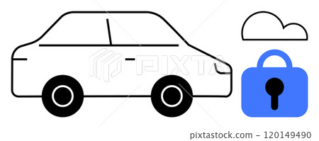 A simple vector drawing shows a car beside a blue lock symbol and a cloud outline, representing car security and cloud-based storage. Ideal for car security, cloud storage, technology, data A simple vector drawing shows a car beside a blue lock symbol and a cloud outline, representing car security and cloud-based storage. Ideal for car security, cloud storage, technology, data 120149490