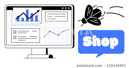 A computer screen displays multiple graphs and charts representing data analytics. A bug icon flies nearby with a speech bubble saying shop Ideal for data analysis e-commerce software issues bug A computer screen displays multiple graphs and charts representing data analytics. A bug icon flies nearby with a speech bubble saying shop Ideal for data analysis e-commerce software issues bug 120149491
