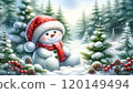 Cute Snowman in Christmas Hat in Snowy Forest. charming snowman in red Santa hat and scarf sits in forest surrounded by pine trees, berries, and pinecones. Festive winter scene in watercolor style. 120149494
