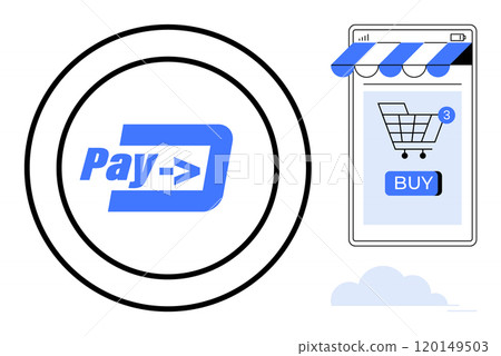 Circular logo with Pay text and arrow, alongside smartphone with shopping cart and buy button. Ideal for digital payments, e-commerce, mobile apps, online shopping, technology services. Simplistic 120149503