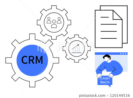 Gear symbols with CRM, people, and graph icons, documents, and person holding cash back text. Ideal for business, customer management, data analysis, financial rewards, organizational tools. Line art Gear symbols with CRM, people, and graph icons, documents, and person holding cash back text. Ideal for business, customer management, data analysis, financial rewards, organizational tools. Line art 120149516