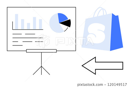 A presentation board featuring bar graphs and pie chart stands on a tripod while a shopping bag is beside it. An arrow points left. Ideal for business reports, sales analysis, retail marketing, data A presentation board featuring bar graphs and pie chart stands on a tripod while a shopping bag is beside it. An arrow points left. Ideal for business reports, sales analysis, retail marketing, data 120149517