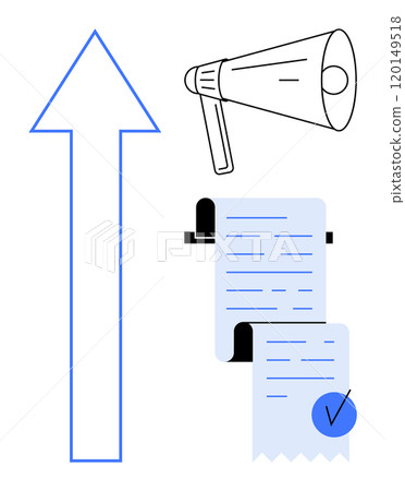Large blue upward arrow, a megaphone, and documents with a check mark. Ideal for business growth, communication, organization, marketing strategies, and project management. Modern and minimalist Large blue upward arrow, a megaphone, and documents with a check mark. Ideal for business growth, communication, organization, marketing strategies, and project management. Modern and minimalist 120149518