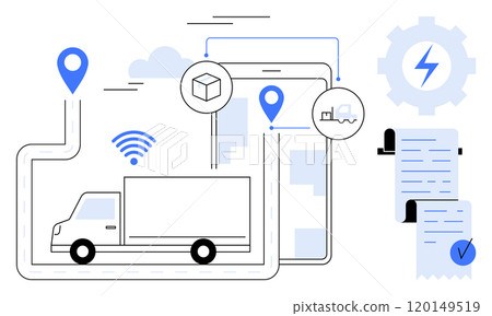 Delivery truck on route with navigation and wireless signal icons. Digital devices display package tracking and shipping details. Ideal for technology, logistics, efficiency, transportation Delivery truck on route with navigation and wireless signal icons. Digital devices display package tracking and shipping details. Ideal for technology, logistics, efficiency, transportation 120149519