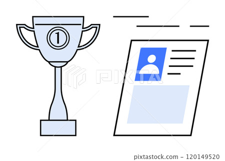 A trophy next to a user profile card. Ideal for themes of achievement, recognition, awards, profiles, and success. Modern, minimalistic style A trophy next to a user profile card. Ideal for themes of achievement, recognition, awards, profiles, and success. Modern, minimalistic style 120149520