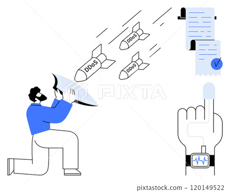 A person uses a shield to block missiles labeled DDoS and a finger touches a touchscreen displaying documents. Ideal for cybersecurity, threat prevention, technology, network security, and data 120149522