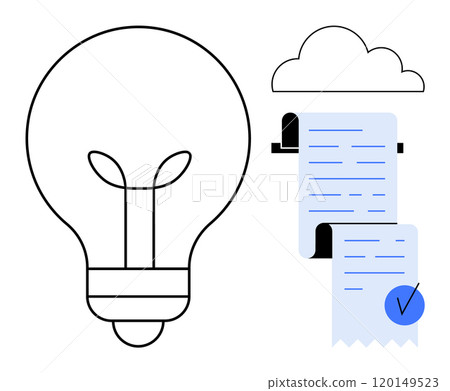 Light bulb next to cloud icon and digital receipts. Ideal for technology, innovation, cloud storage, digital transactions, and modern finance. Simple minimal line style 120149523