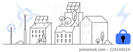 Cityscape with buildings featuring solar panels and wind turbines. Blue lock symbol indicates security. Ideal for smart cities, renewable energy, sustainability, green technology, and urban security Cityscape with buildings featuring solar panels and wind turbines. Blue lock symbol indicates security. Ideal for smart cities, renewable energy, sustainability, green technology, and urban security 120149524