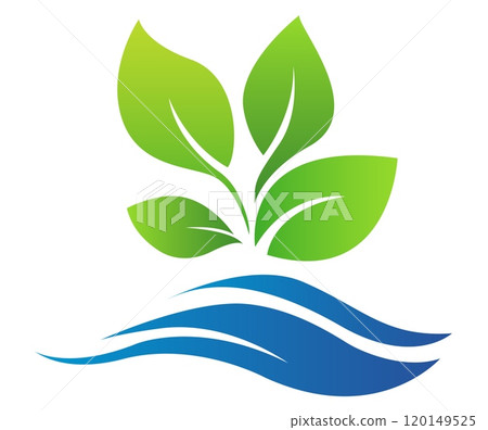 A logo design featuring green leaves growing above stylized water waves. The graphic style is clean and modern, set on a white background. Concept of eco-friendliness. Vector illustration 120149525