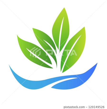 The image features a logo design with green leaves and water waves, showcasing a fresh and clean graphic style on a white background. Concept of hydroponic gardening. Vector illustration The image features a logo design with green leaves and water waves, showcasing a fresh and clean graphic style on a white background. Concept of hydroponic gardening. Vector illustration 120149526