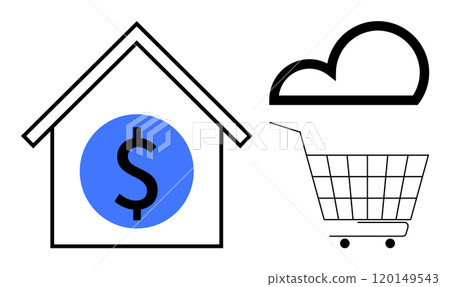 Shopping concept. House with dollar sign, cloud, and shopping cart highlights e-commerce, online retail, and digital payments. Ideal for e-commerce, online shopping, digital sales, cloud services Shopping concept. House with dollar sign, cloud, and shopping cart highlights e-commerce, online retail, and digital payments. Ideal for e-commerce, online shopping, digital sales, cloud services 120149543