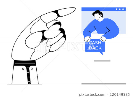 Large hand points at person holding cash back message. Ideal for marketing, financial services, promotions, online shopping, and rewards programs. Minimalist style 120149585
