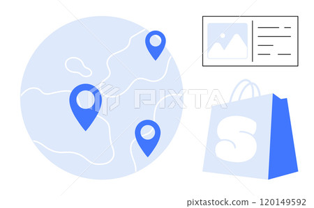 Image shows a globe with three location pins, a shopping bag with a logo and a document icon. Ideal for e-commerce, logistics, global business, online shopping, and digital marketing. Simple vector Image shows a globe with three location pins, a shopping bag with a logo and a document icon. Ideal for e-commerce, logistics, global business, online shopping, and digital marketing. Simple vector 120149592