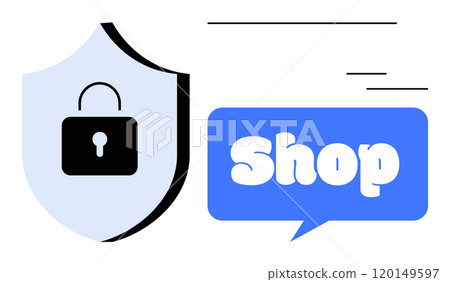 Shield with lock next to a blue speech bubble containing the word Shop. Ideal for e-commerce security, online retail, cybersecurity, digital privacy, and secure transactions themes. Minimalist vector 120149597
