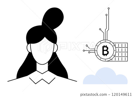 Portrait of a faceless woman with a Bitcoin symbol and a cloud icon. Ideal for cryptocurrency, fintech, digital economy, blockchain technology, modern tech trends. Minimalist vector art style 120149611