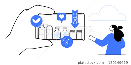 A hand holding a smartphone displays various bottled products with sale icons above them while a person is pointing towards the screen. Ideal for online shopping, e-commerce, digital marketing, sale 120149619