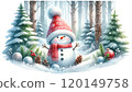 Cute Snowman in Christmas Hat in Snowy Forest. charming snowman in red Santa hat and scarf sits in forest surrounded by pine trees, berries, and pinecones. Festive winter scene in watercolor style. 120149758