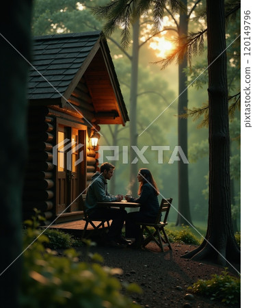 Cozy cabin retreat at sunset with couple sharing warm drinks in forest setting 120149796