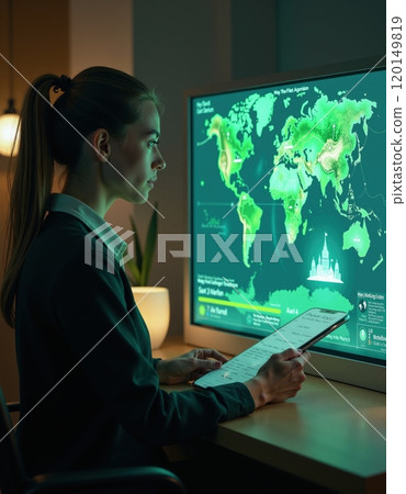 Data analyst working late analyzing global map on digital screen for business insights 120149819