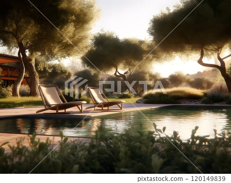 Tranquil poolside retreat amidst sunlit olive trees and lush greenery 120149839