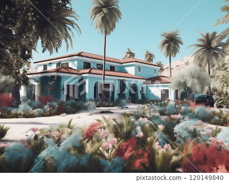 Tropical oasis: mediterranean villa with lush gardens and palm trees 120149840