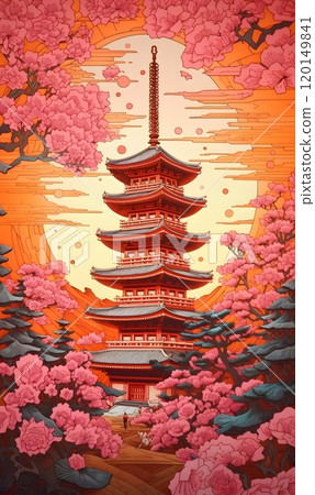 Vibrant japanese pagoda in blooming cherry blossom landscape illustration 120149841