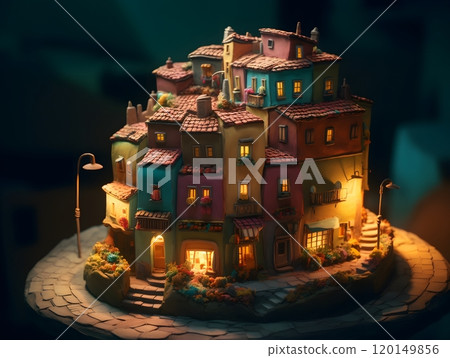 Whimsical miniature village in warm evening light 120149856