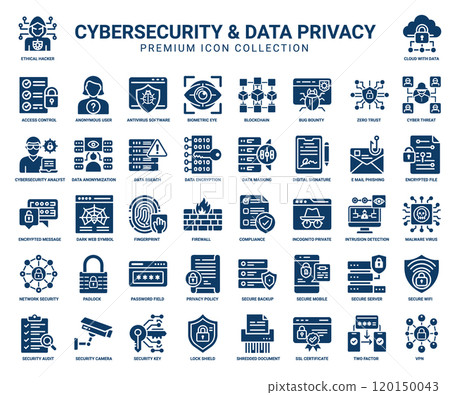 cybersecurity data privacy collection glyph icons, forensics ethical incident response firewall hacker 120150043