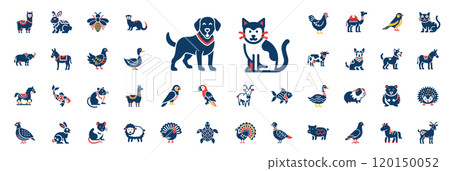 domestic animals icon set flat design blue red orange yellow colors, ox mule menagerie 120150052