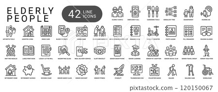 elderly people activities line icons, life hair home health grey 120150067